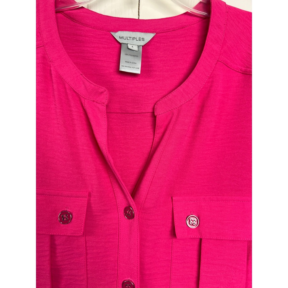 Multiples Button Front Tunic Womens Large Pink NWT Roll Tab Sleeve Slit Hem F5 - Picture 5 of 8